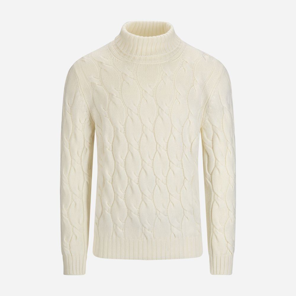 Turtle Neck Cable Cashmere-Wool - White
