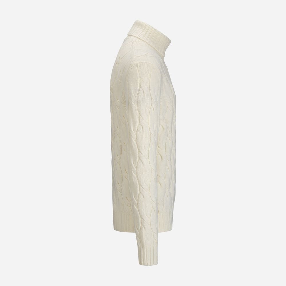Turtle Neck Cable Cashmere-Wool - White