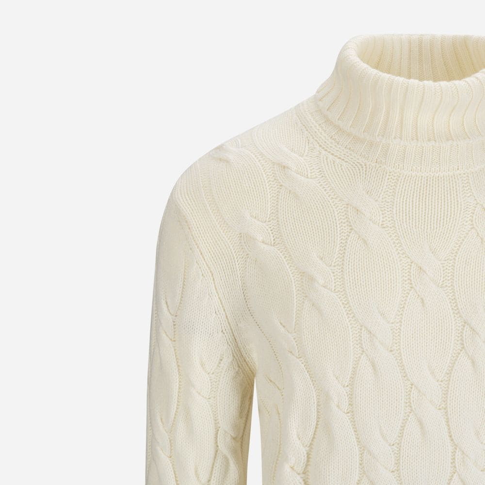 Turtle Neck Cable Cashmere-Wool - White