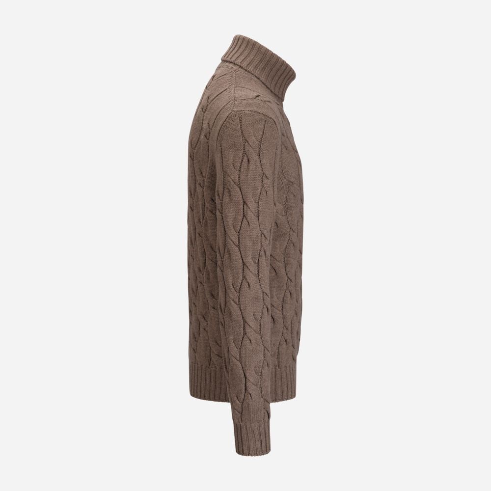 Turtle Neck Cable Cashmere-Wool - Brown
