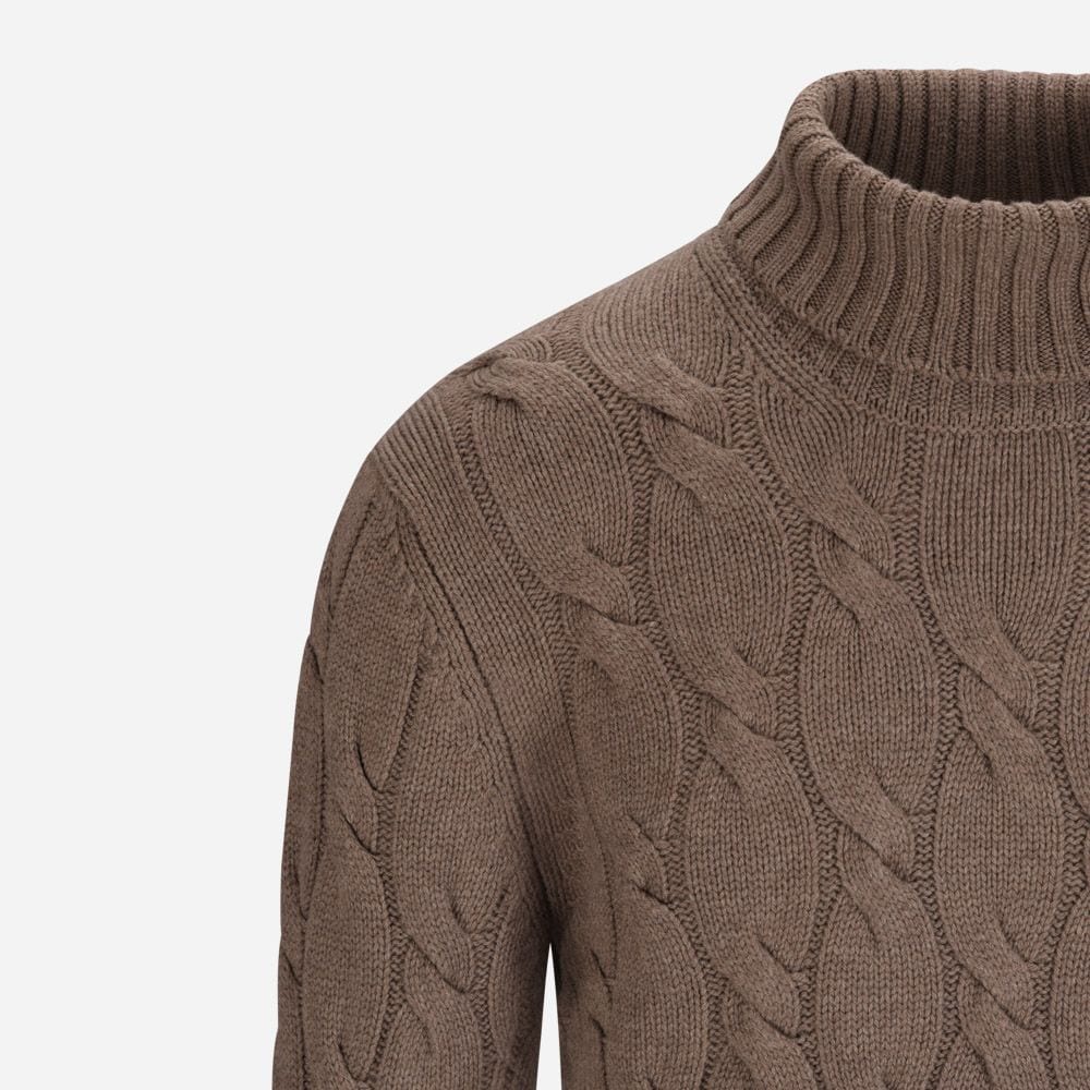 Turtle Neck Cable Cashmere-Wool - Brown