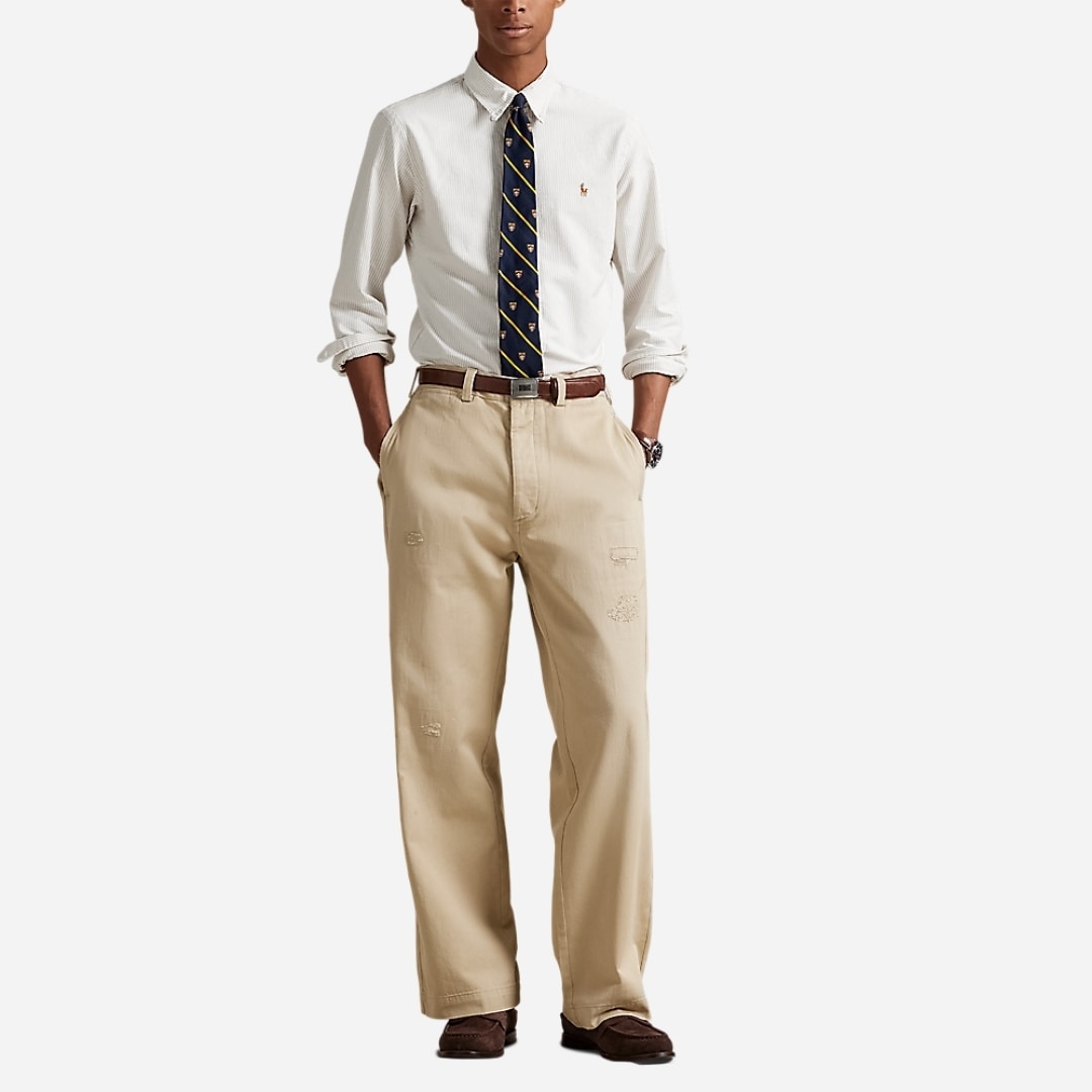 Custom Fit Striped Oxford Shirt - Coastal Beige/White