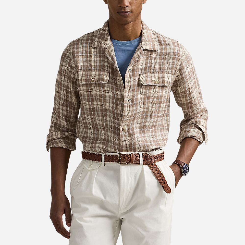 Classic Fit Plaid Linen Camp Shirt - Khaki Blue Multi