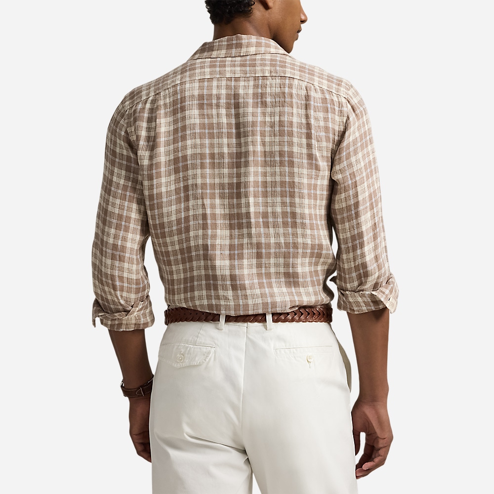 Classic Fit Plaid Linen Camp Shirt - Khaki Blue Multi