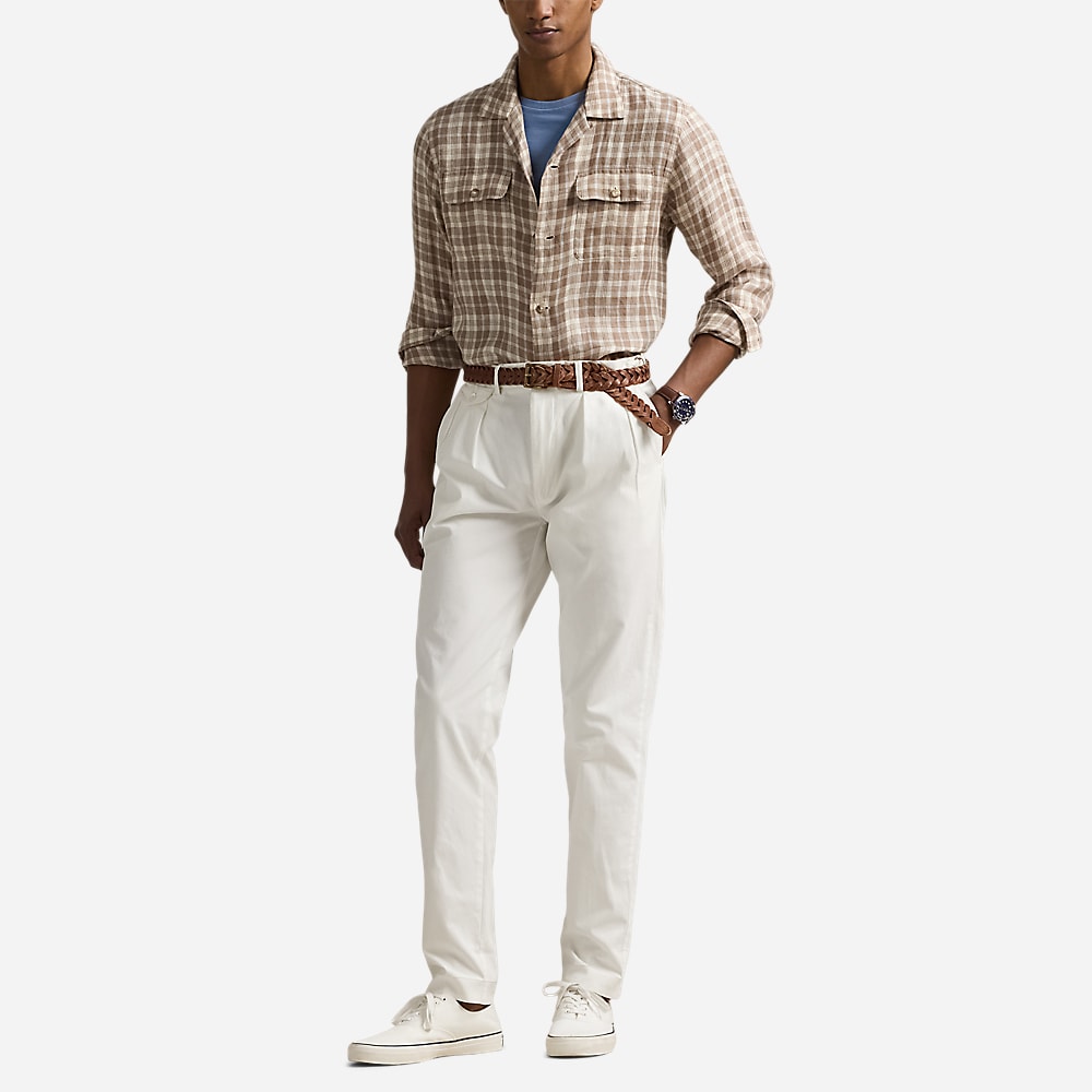 Classic Fit Plaid Linen Camp Shirt - Khaki Blue Multi