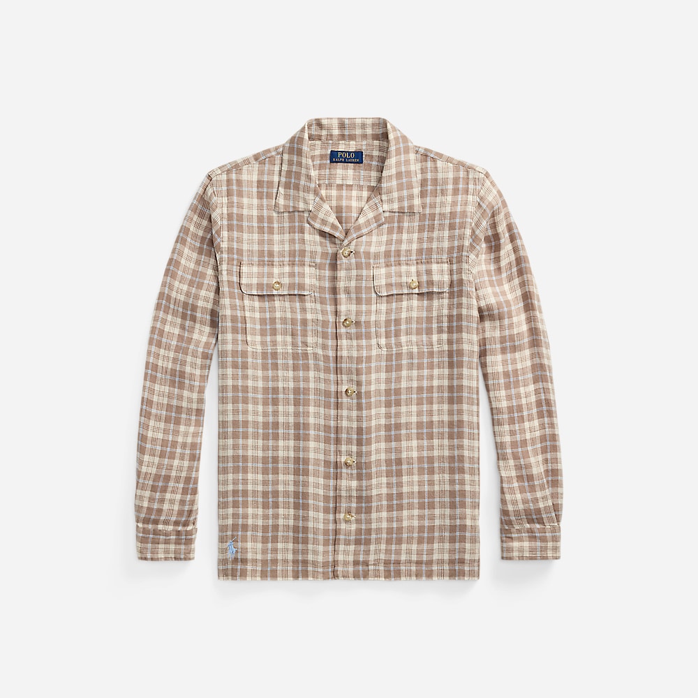Classic Fit Plaid Linen Camp Shirt - Khaki Blue Multi