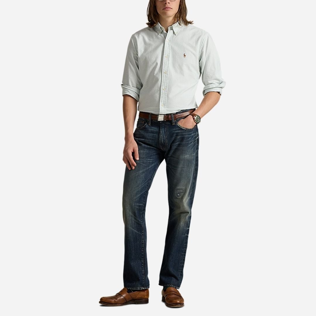 Custom Fit Striped Oxford Shirt - Lovat/White