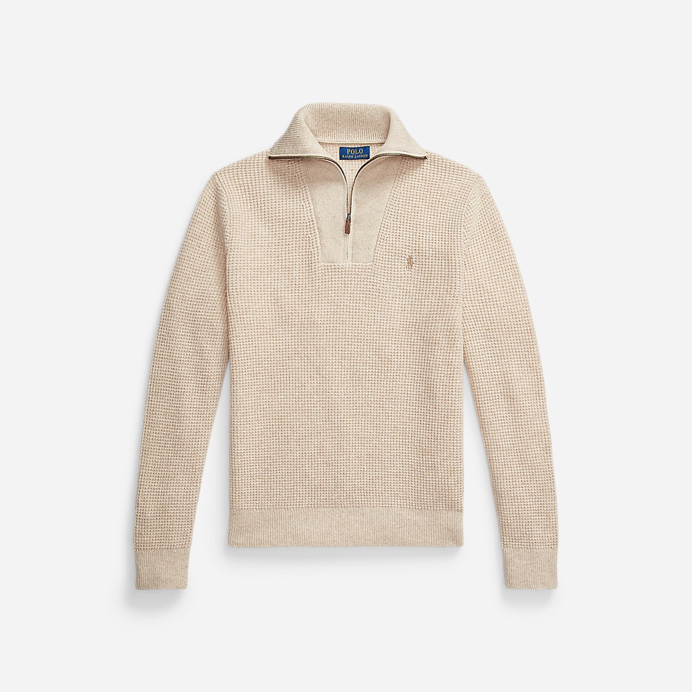 Waffle Wool-Cotton Quarter-Zip Sweater - Natural Cream Hthr