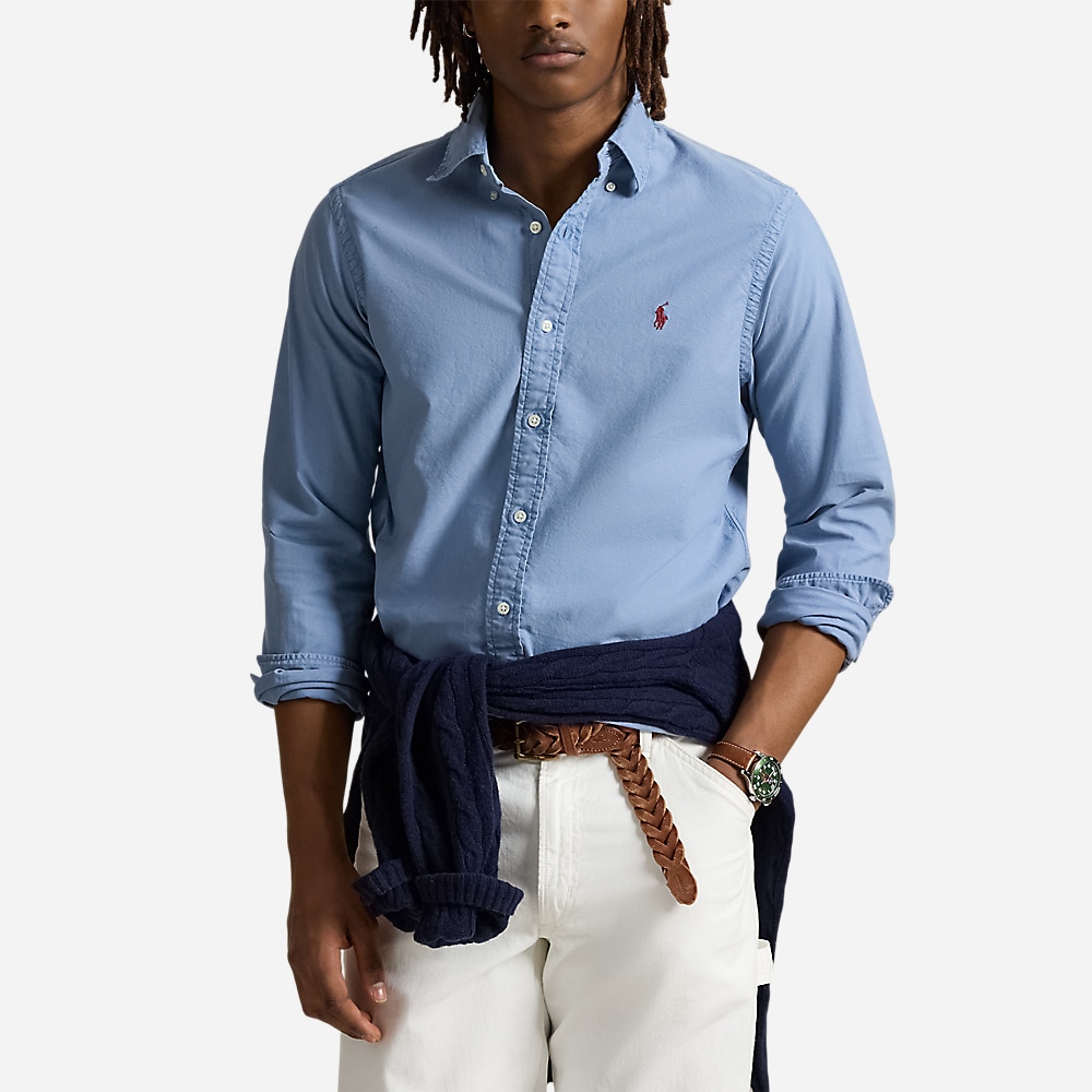 Slim Fit Garment-Dyed Oxford Shirt - Channel Blue