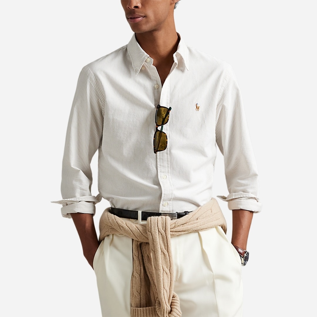 Slim Fit Striped Oxford Shirt - Coastal Beige/White