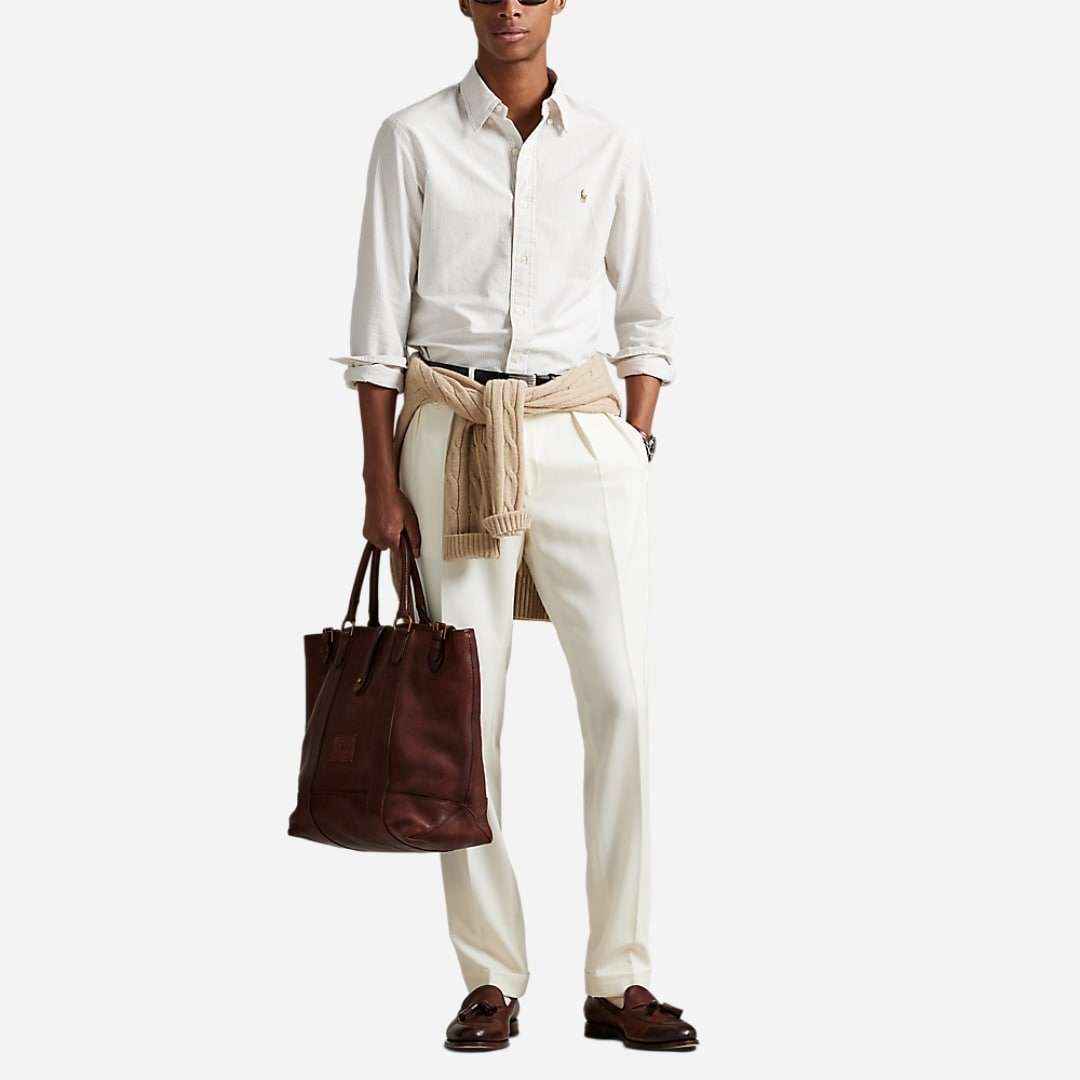 Slim Fit Striped Oxford Shirt - Coastal Beige/White
