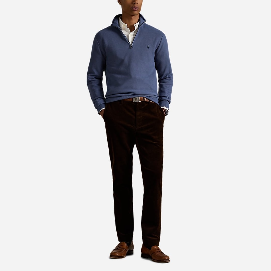 Mesh-Knit Cotton Quarter-Zip Sweater - Capri Blue