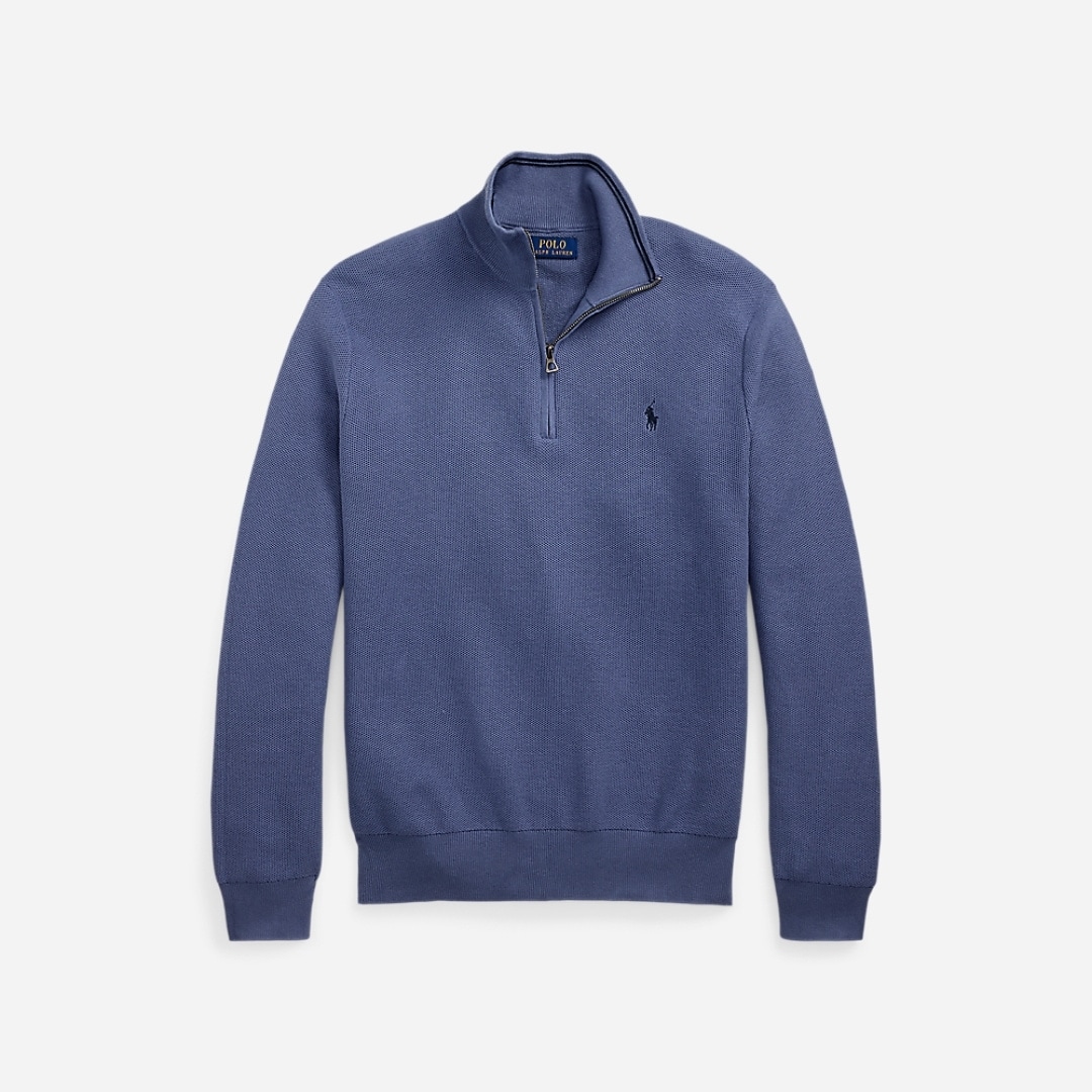 Mesh-Knit Cotton Quarter-Zip Sweater - Capri Blue