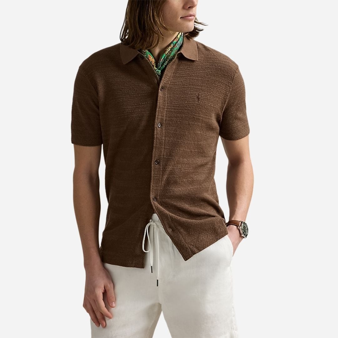 Textured Cotton-Linen Shirt Sweater - Fall Brown