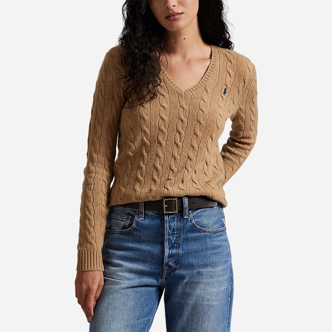 Cable-Knit Wool-Cashmere V-Neck Sweater - Collection Camel Melange