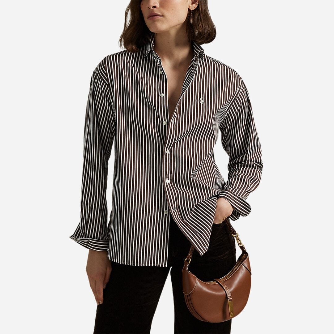 Relaxed Fit Striped Cotton Shirt - Brown/White