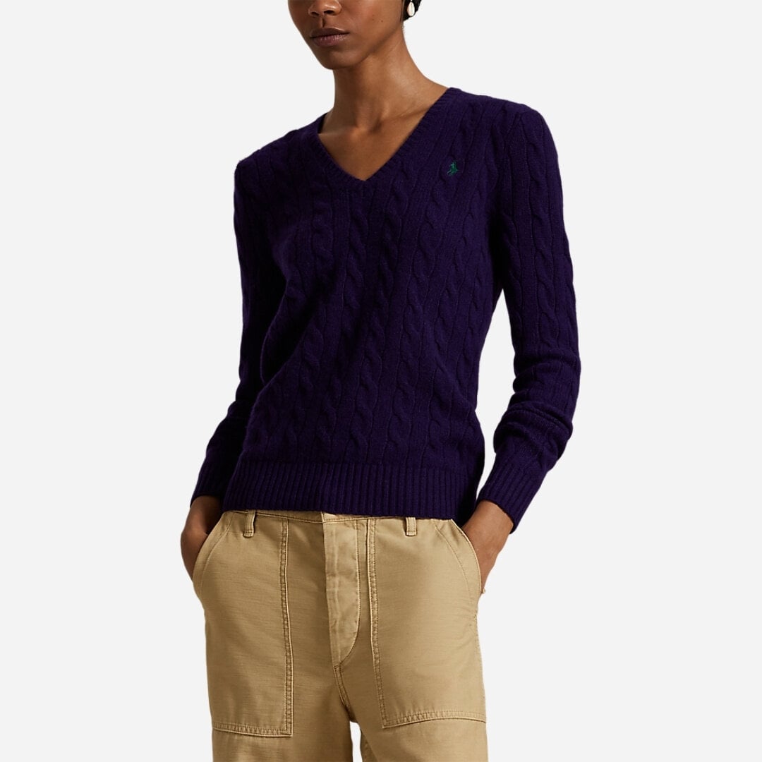 Cable-Knit Wool-Cashmere V-Neck Sweater - Midnight Purple