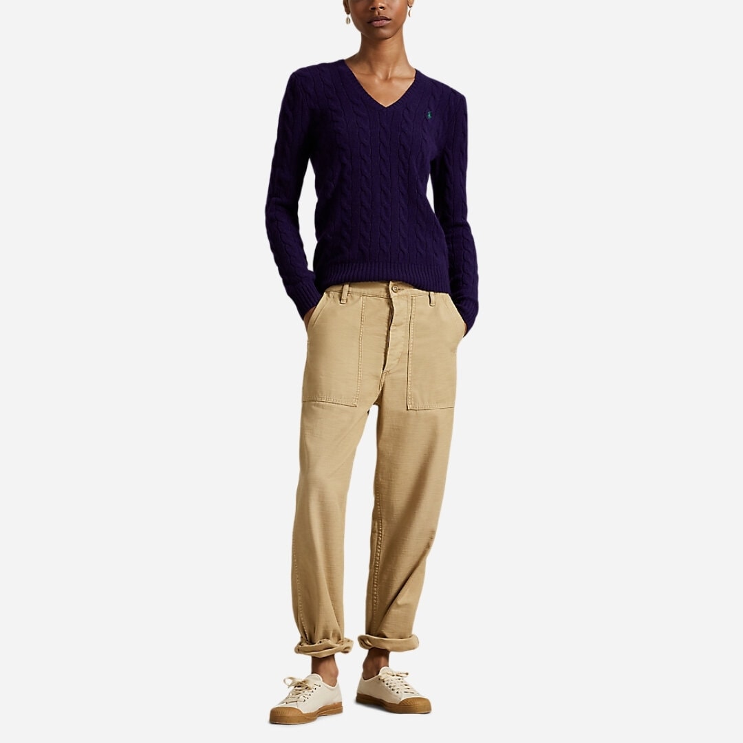 Cable-Knit Wool-Cashmere V-Neck Sweater - Midnight Purple