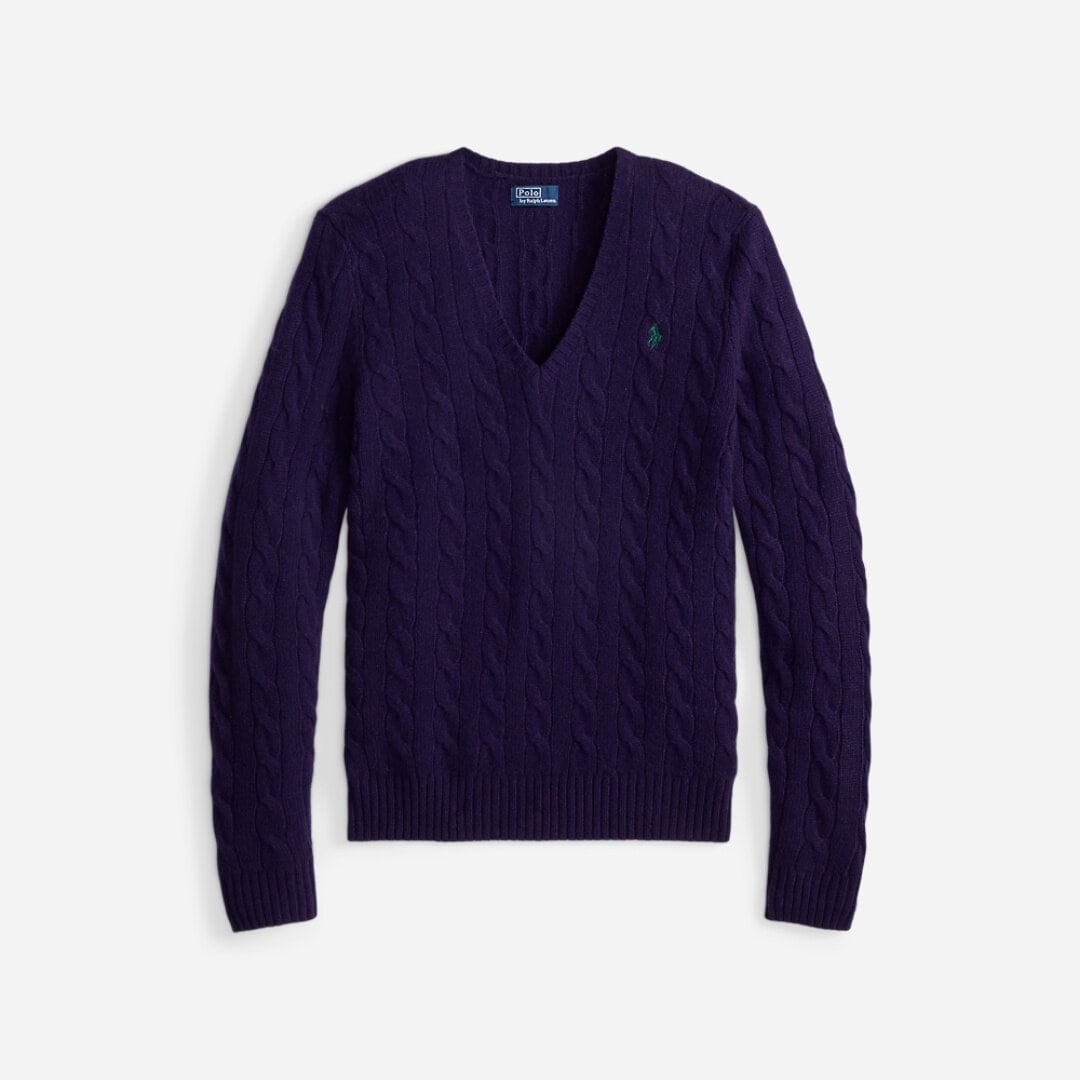 Cable-Knit Wool-Cashmere V-Neck Sweater - Midnight Purple