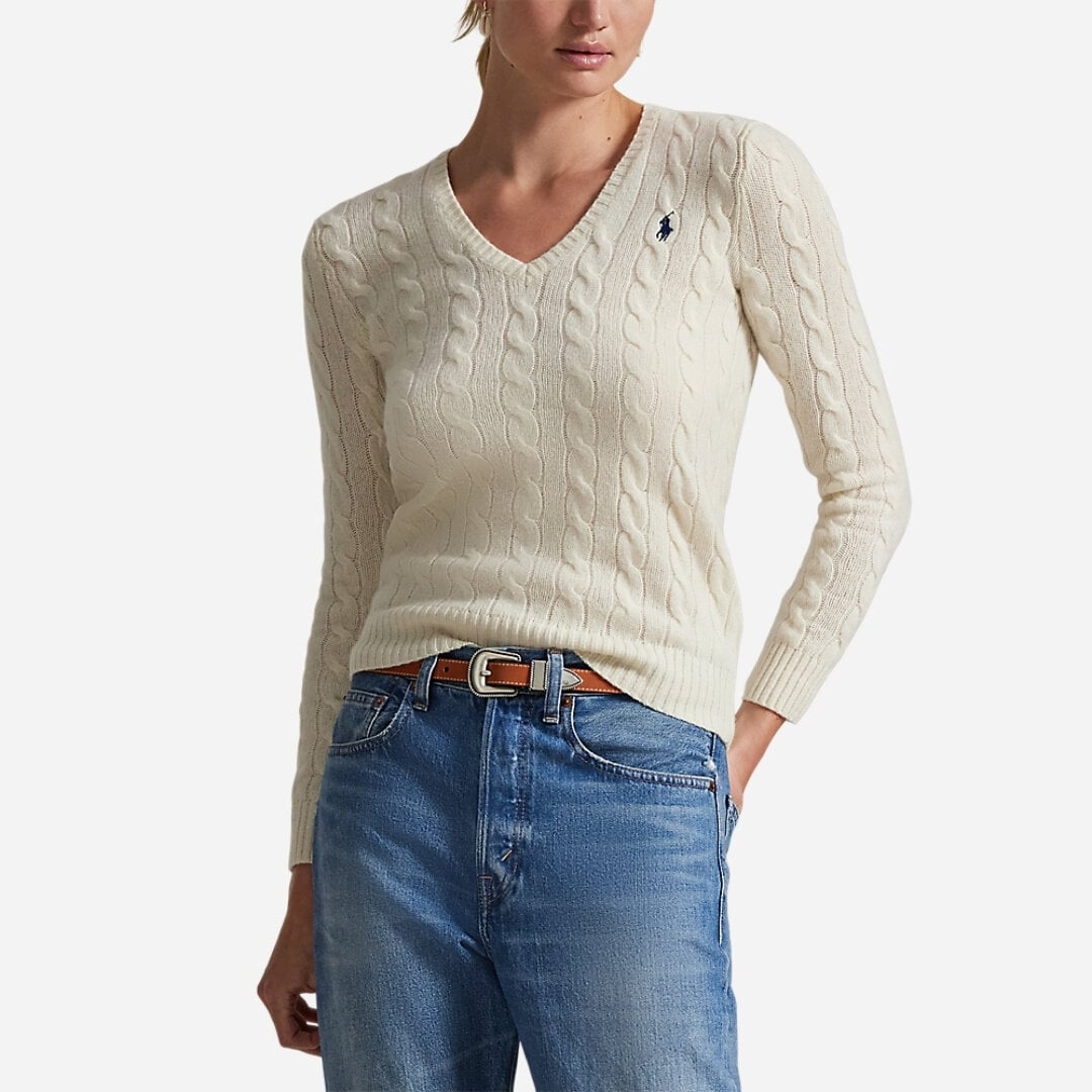 Cable-Knit Wool-Cashmere V-Neck Sweater - Cream