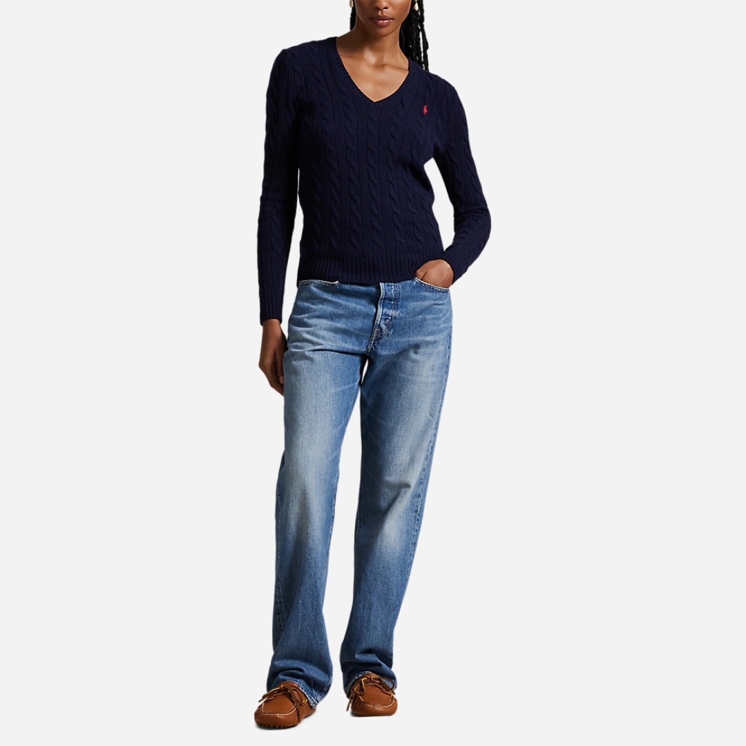 Cable-Knit Wool-Cashmere V-Neck Sweater - Hunter Navy
