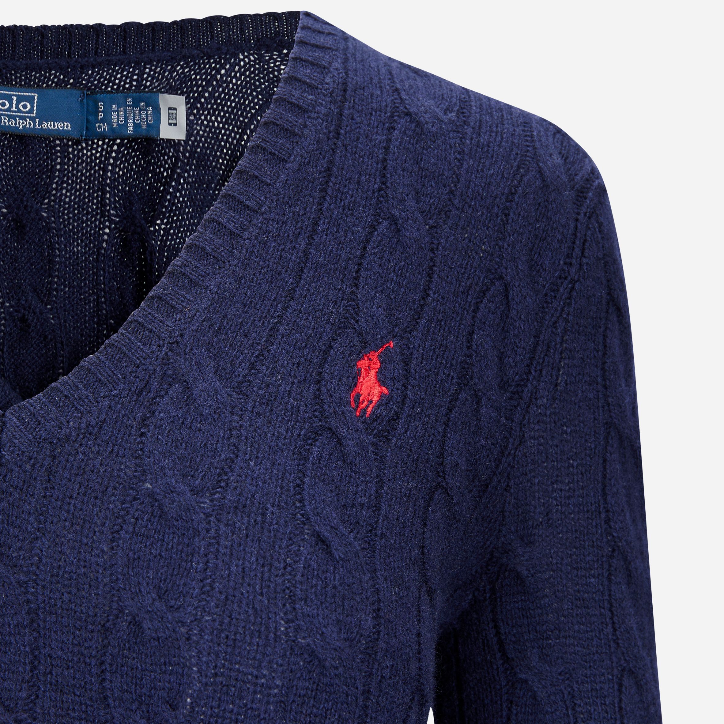 Cable-Knit Wool-Cashmere V-Neck Sweater - Hunter Navy