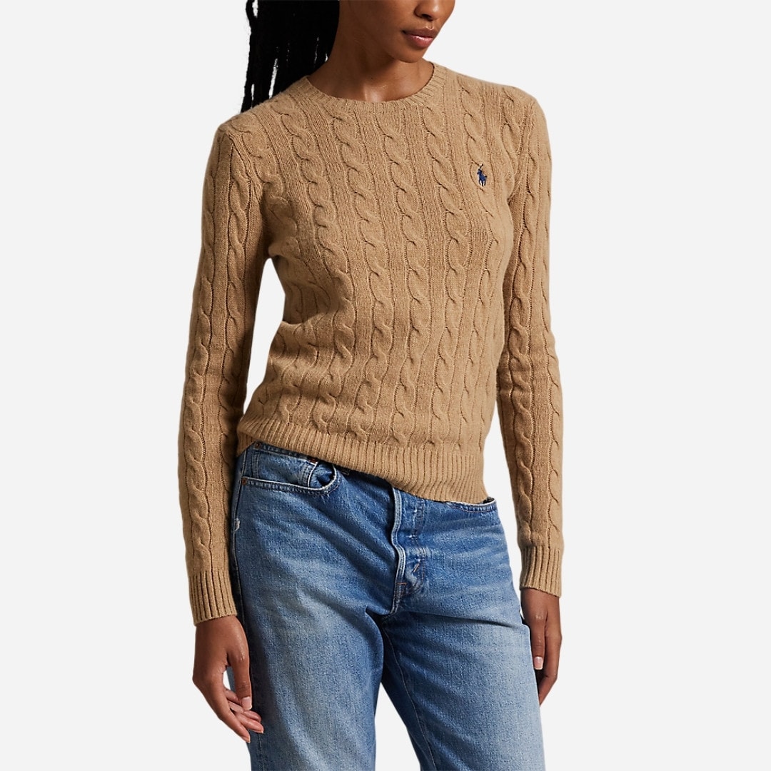 Cable Wool-Cashmere Crewneck Sweater - Collection Camel Melange