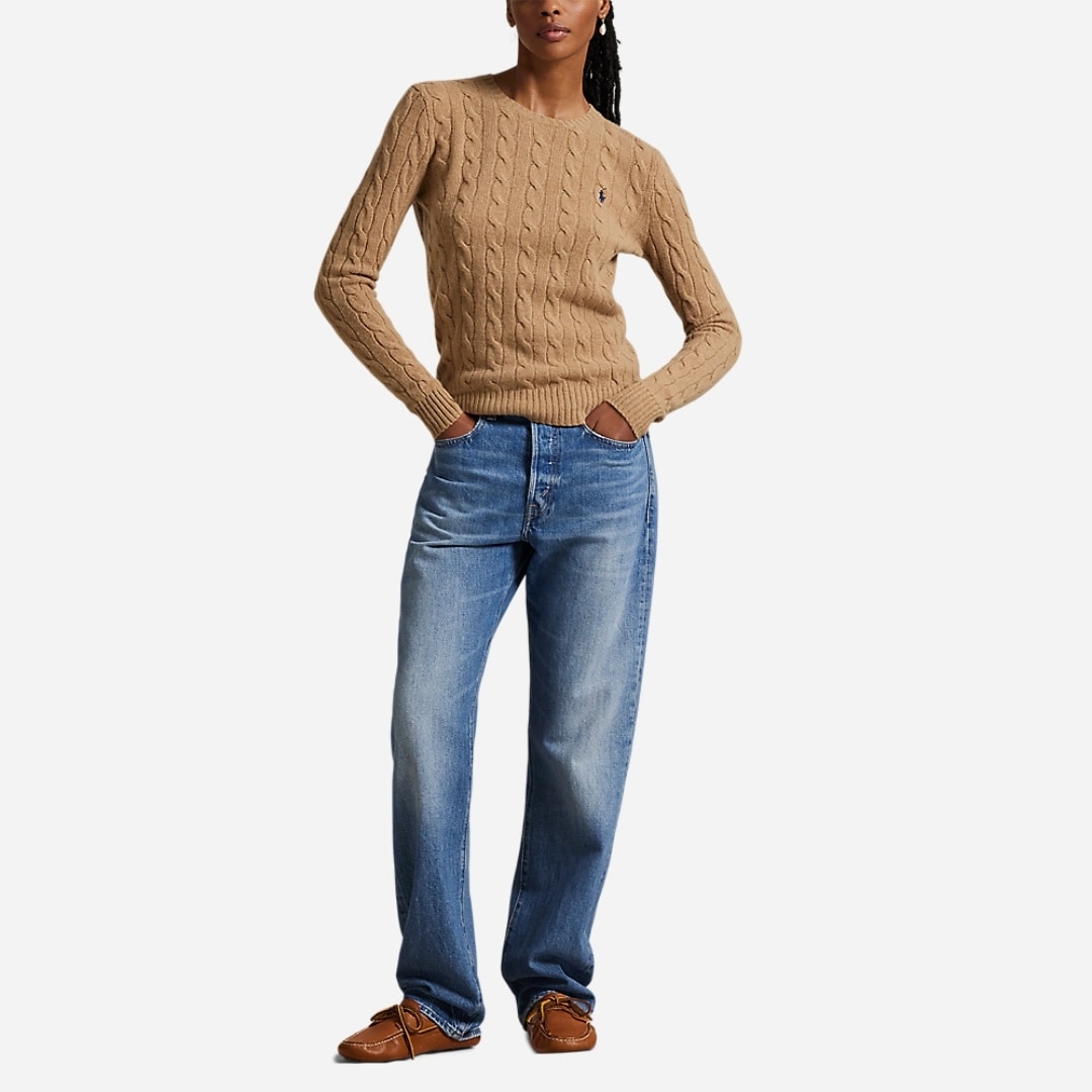 Cable Wool-Cashmere Crewneck Sweater - Collection Camel Melange