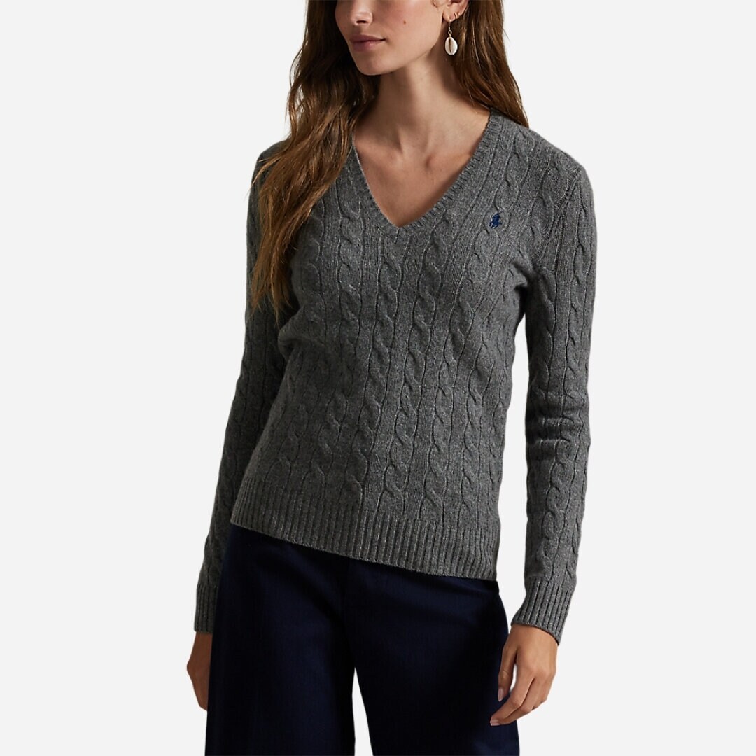 Cable-Knit Wool-Cashmere V-Neck Sweater - Flannel Grey Heather