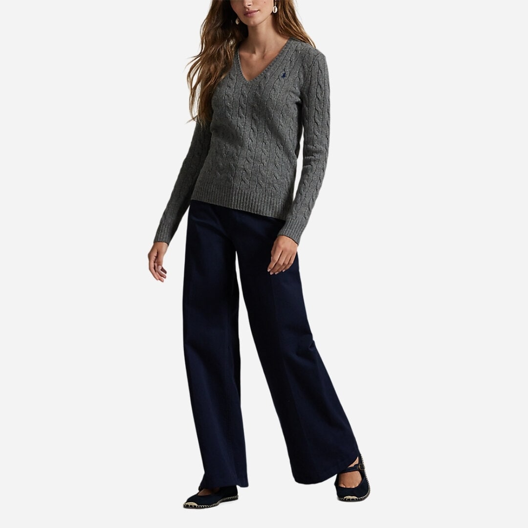 Cable-Knit Wool-Cashmere V-Neck Sweater - Flannel Grey Heather
