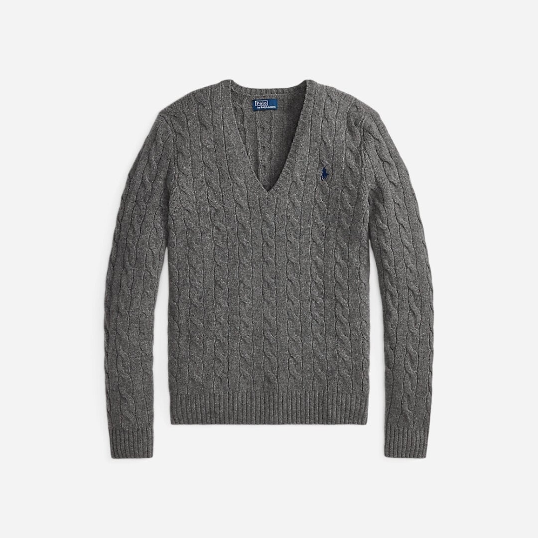 Cable-Knit Wool-Cashmere V-Neck Sweater - Flannel Grey Heather