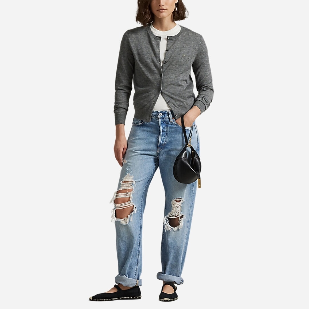 Wool Crewneck Cardigan - Flannel Heather Grey