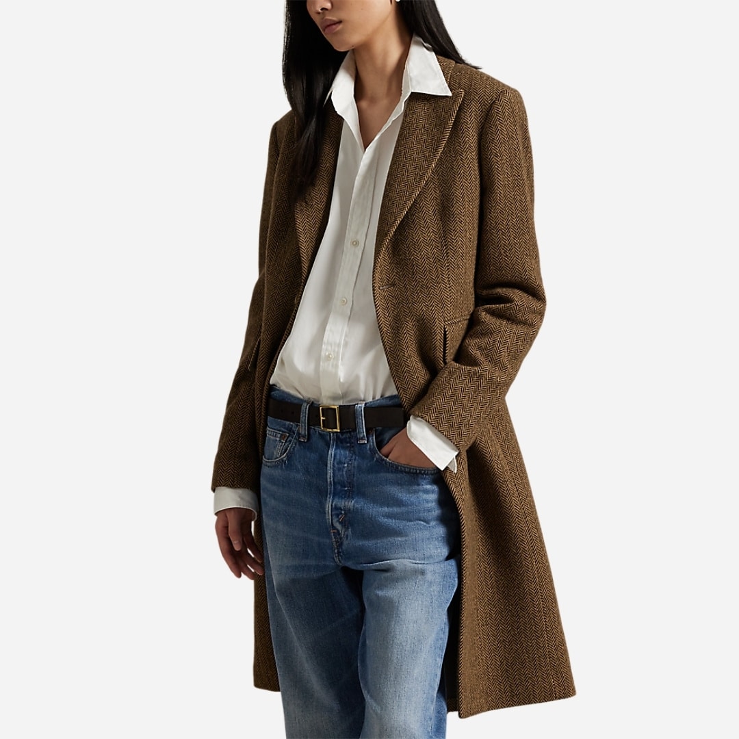 Wool-Blend Herringbone Coat - Brown/Tan Herringbone