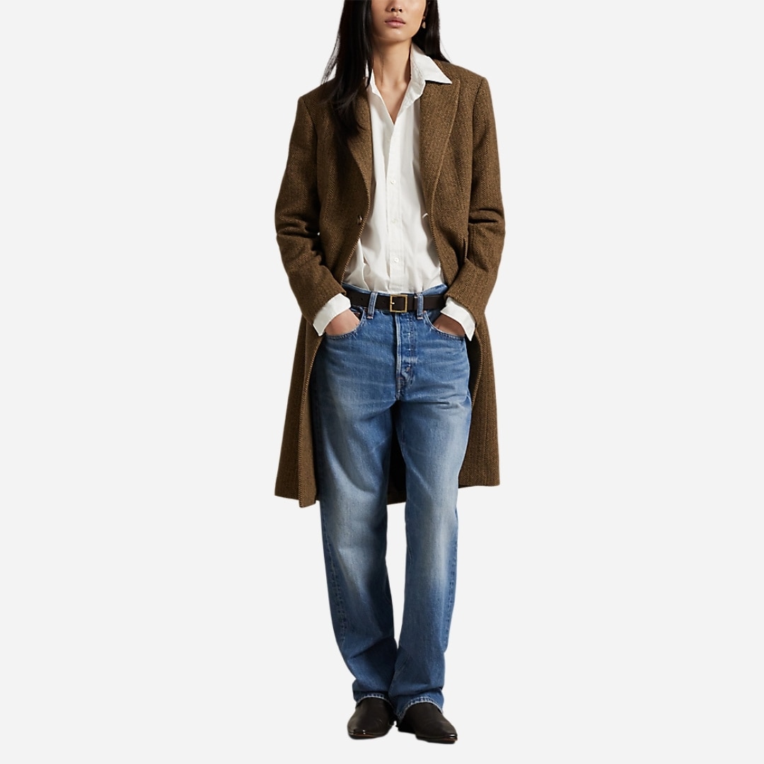 Wool-Blend Herringbone Coat - Brown/Tan Herringbone