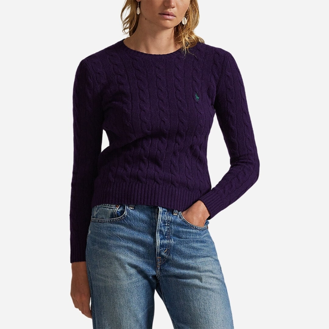 Cable Wool-Cashmere Crewneck Sweater - Midnight Purple
