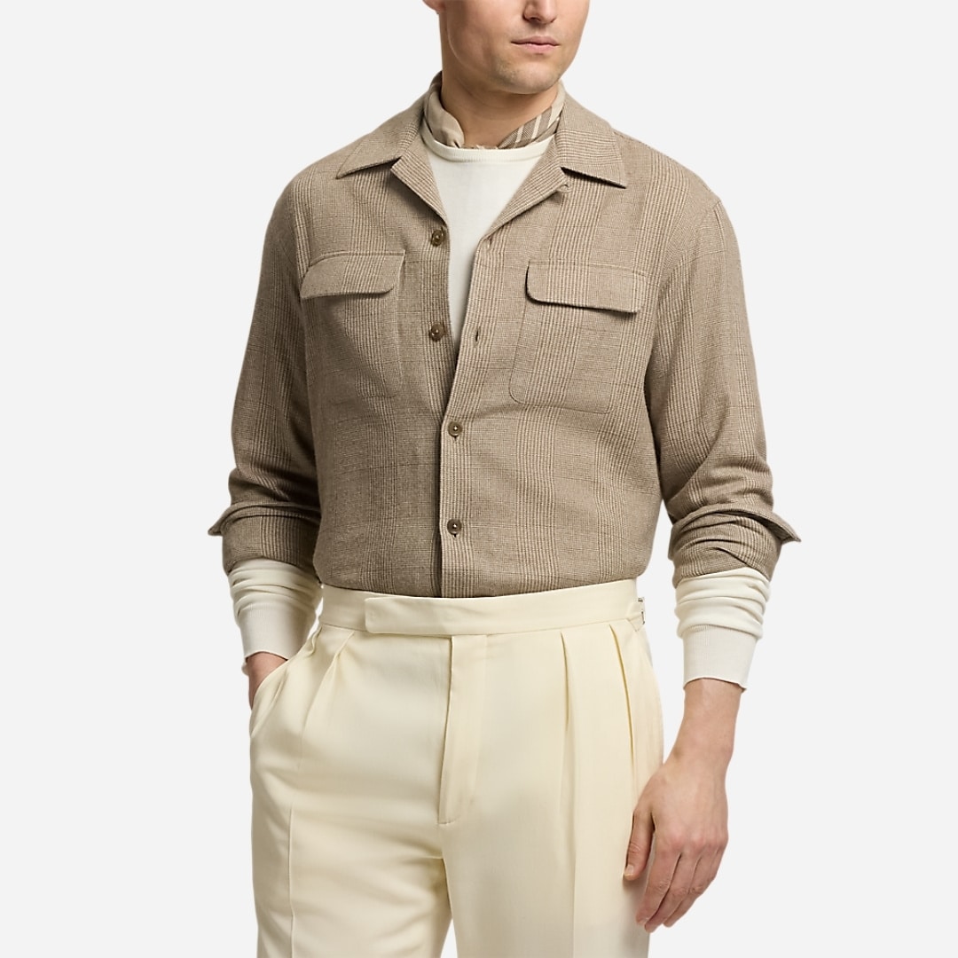 Glen Plaid Wool-Blend Camp Shirt - Truffle Multi