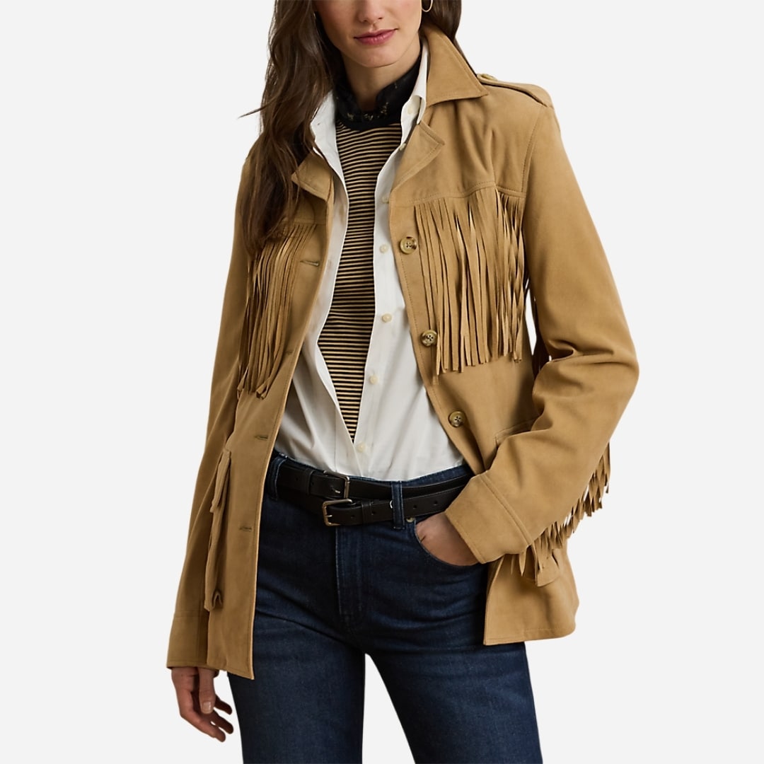 Fringe-Trim Belted Goat-Suede Jacket - Birch Tan