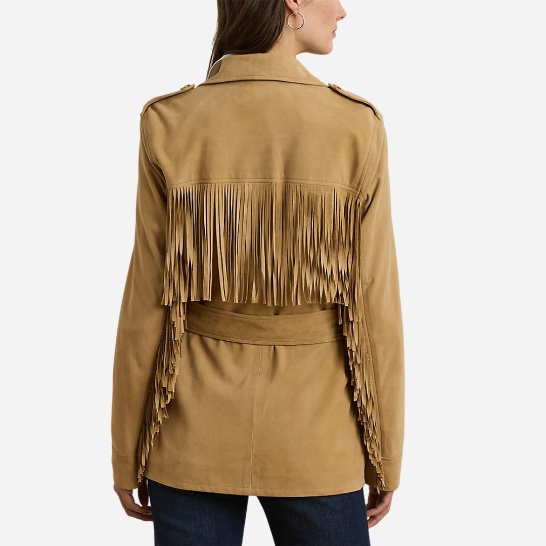 Fringe-Trim Belted Goat-Suede Jacket - Birch Tan