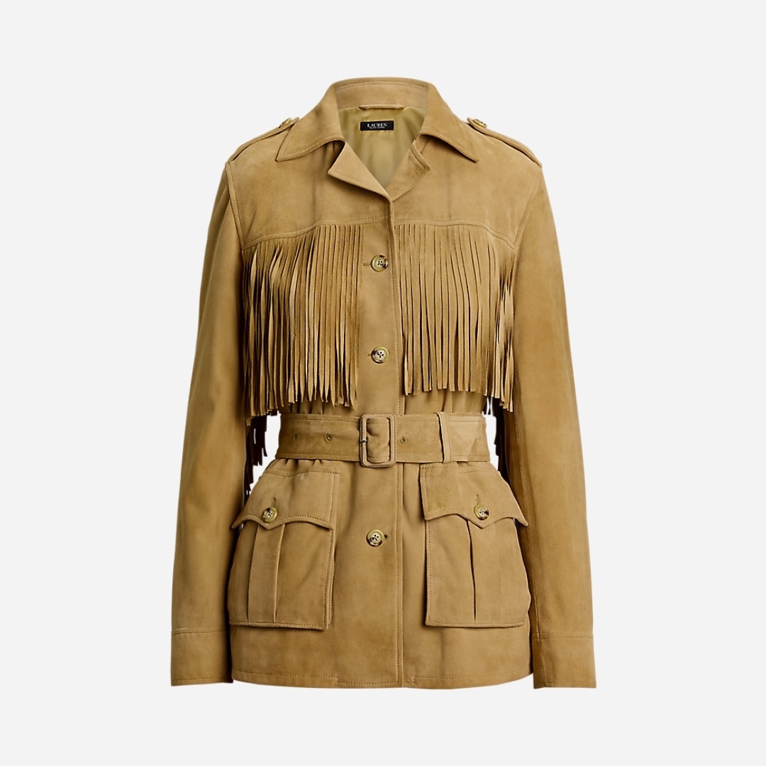 Fringe-Trim Belted Goat-Suede Jacket - Birch Tan