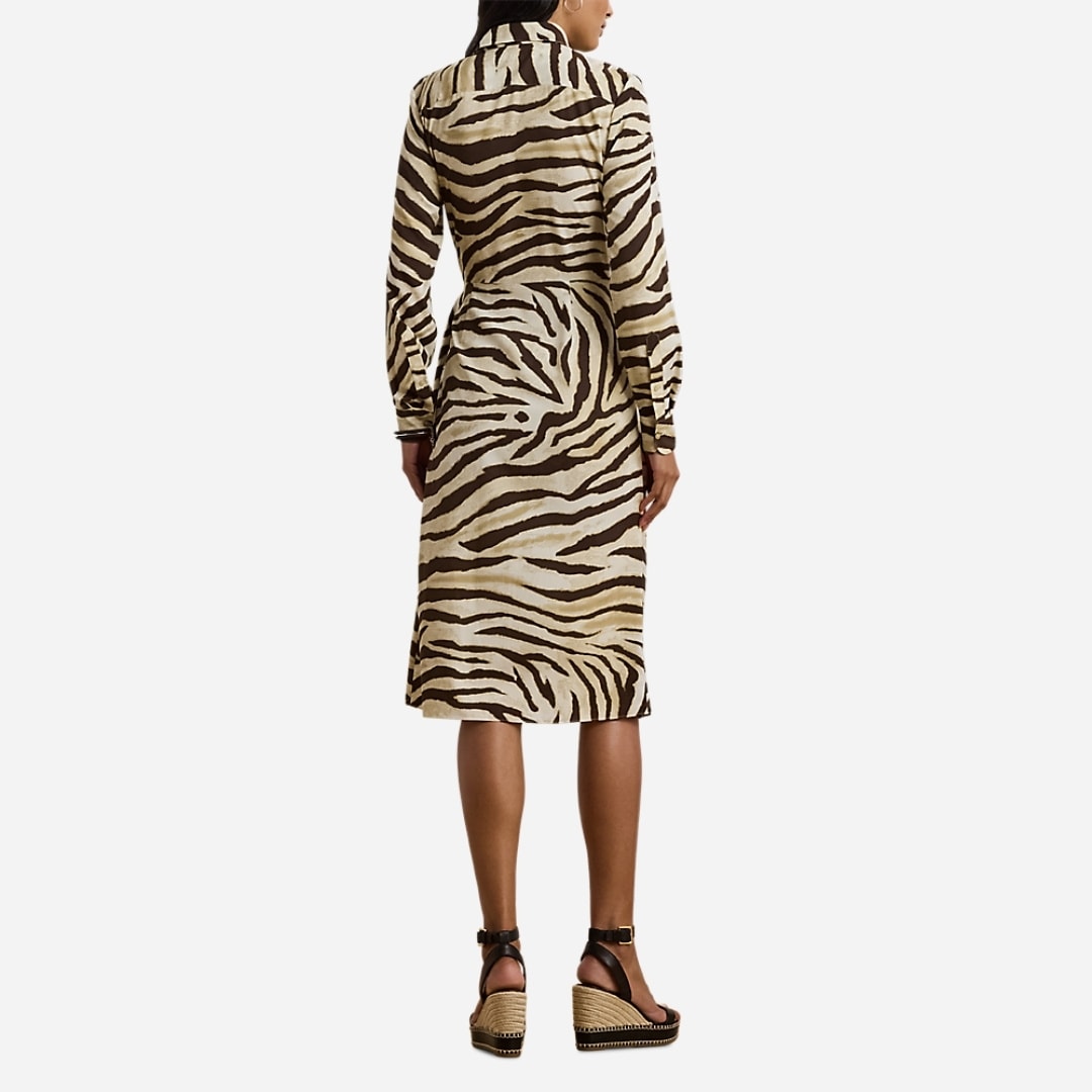 Zebra-Print Tie-Front Crepe Shirtdress - Cream/Brown