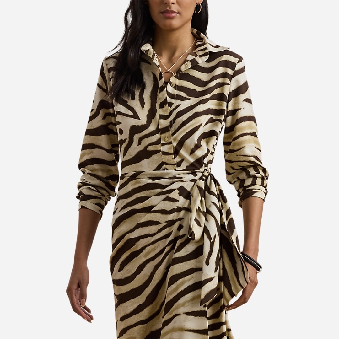 Zebra-Print Tie-Front Crepe Shirtdress - Cream/Brown