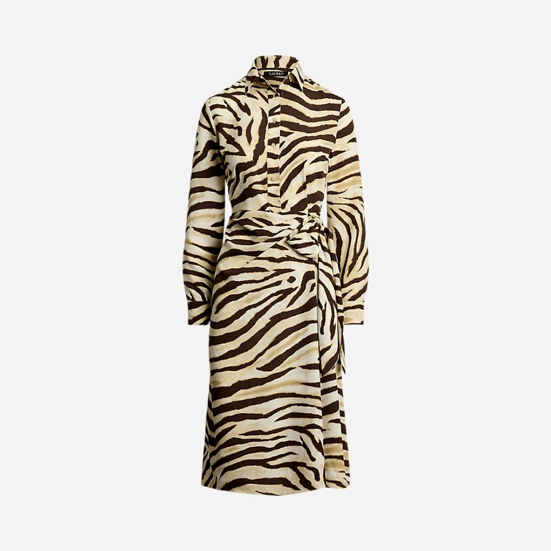 Zebra-Print Tie-Front Crepe Shirtdress - Cream/Brown