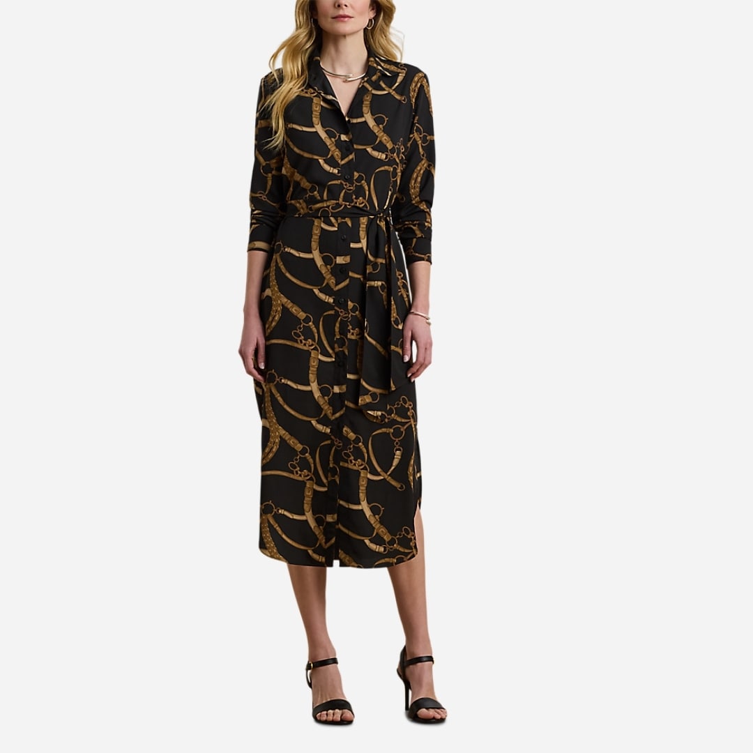 Belting-Print Crepe Shirtdress - Black/Tan