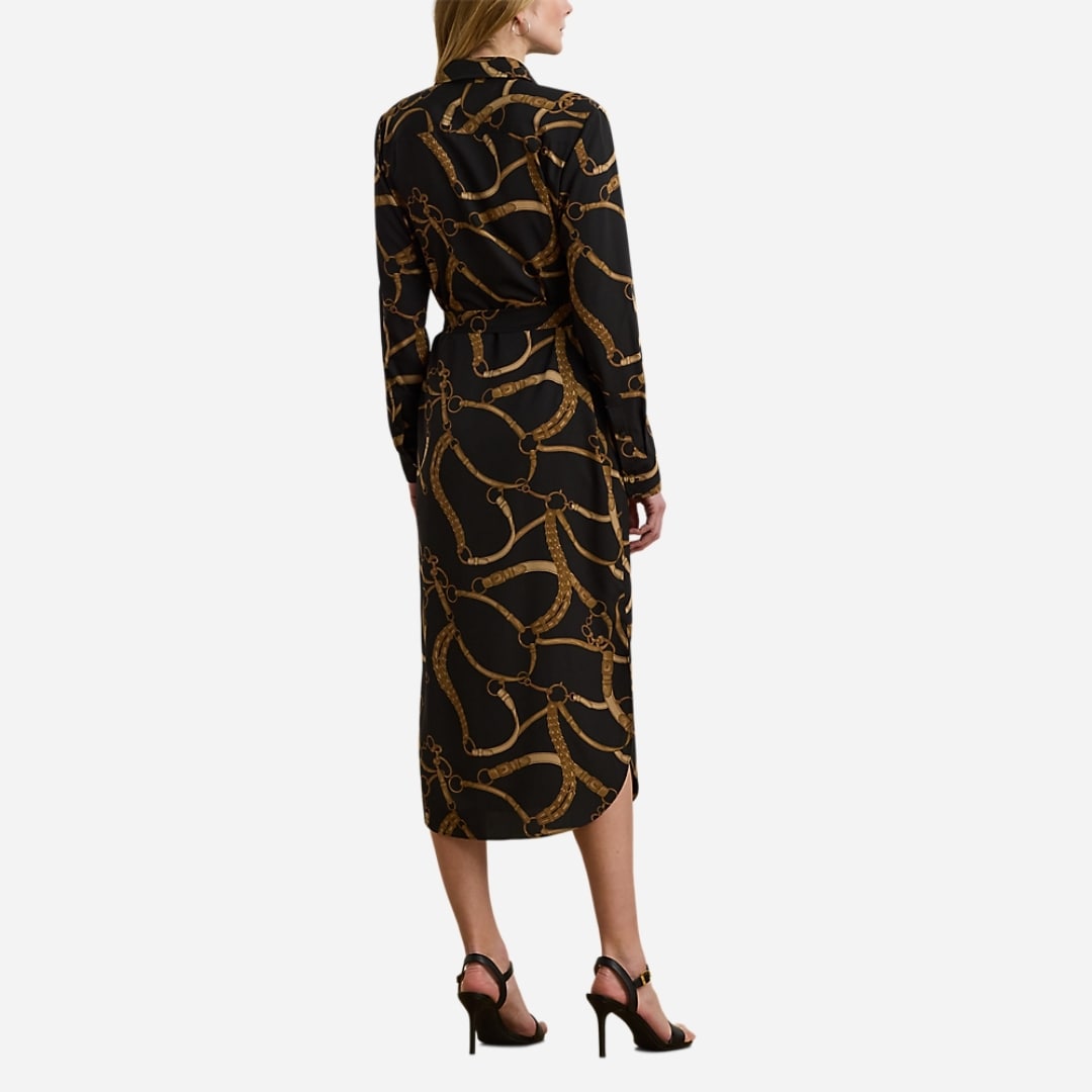 Belting-Print Crepe Shirtdress - Black/Tan