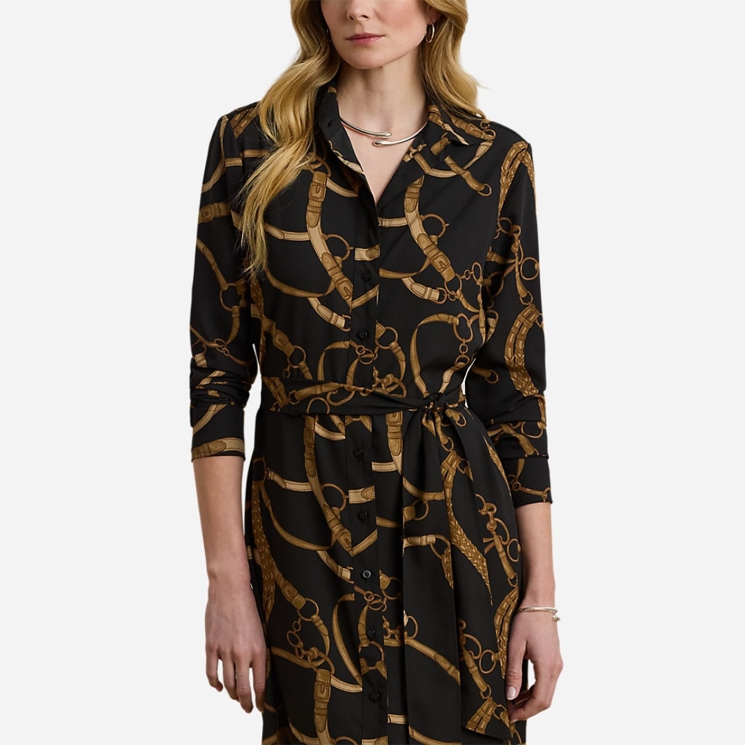 Belting-Print Crepe Shirtdress - Black/Tan