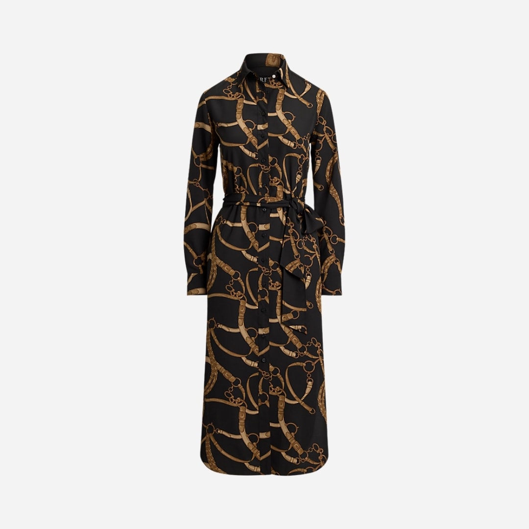 Belting-Print Crepe Shirtdress - Black/Tan