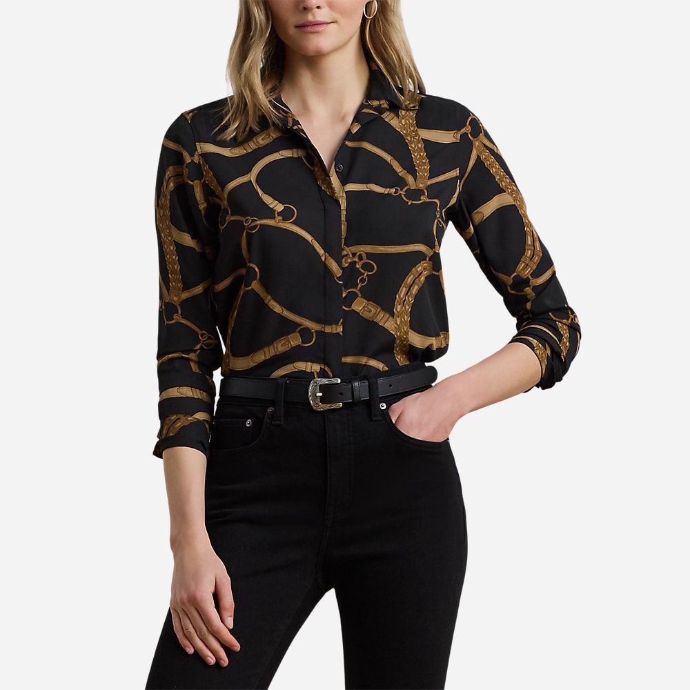 Classic Fit Belting-Print Crepe Shirt - Black/Tan