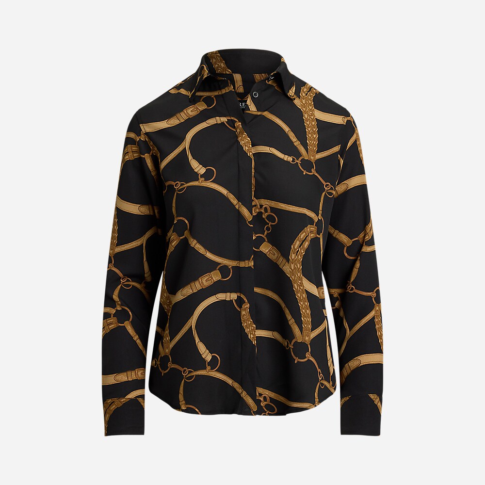 Classic Fit Belting-Print Crepe Shirt - Black/Tan