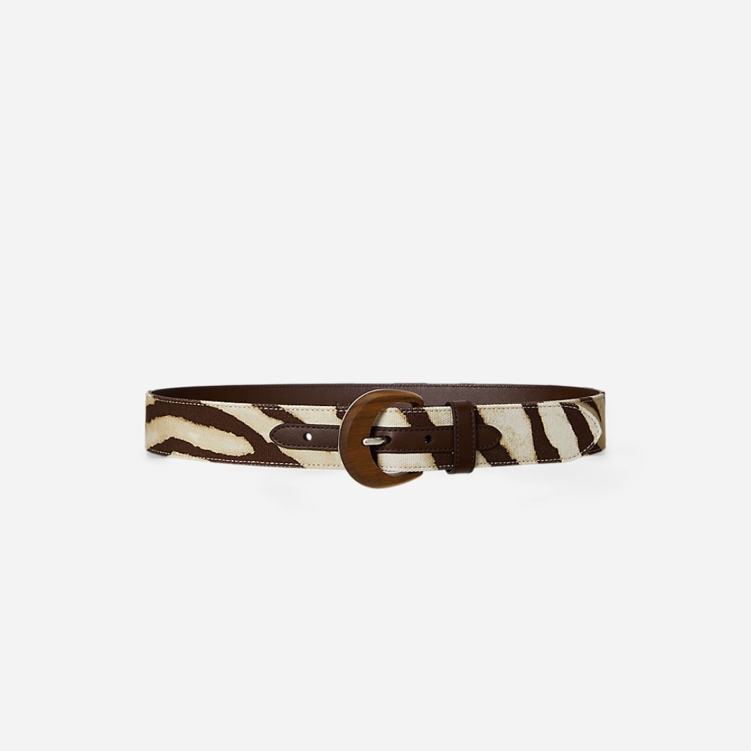 Zebra-Print Wood-Buckle Wide Belt - Zebra/Dark Hickory