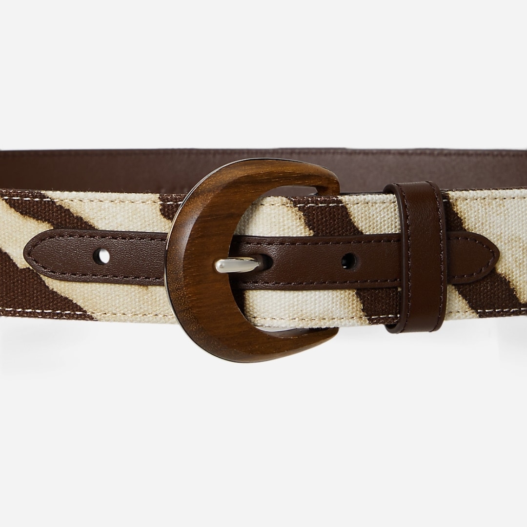 Zebra-Print Wood-Buckle Wide Belt - Zebra/Dark Hickory